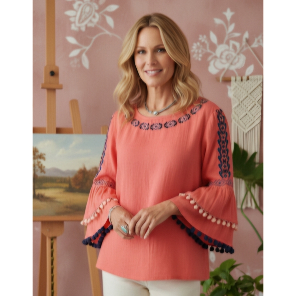 See and be Seen Bell Sleeve Embroidery Top Coral Sz: S